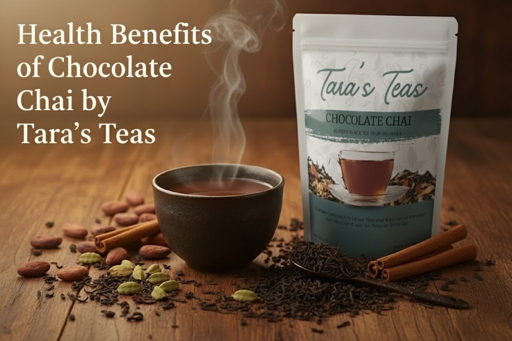 Health Benefits of Chocolate Chai by Tara’s Teas. Loose-leaf Chocolate Chai by Tara’s Teas showcasing the blend of black tea, cocoa nibs, and spices